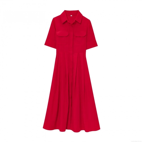 Women's Elegant Solid Red Poplin Shirt Dress Short Sleeve Lapel Collar Double Pockets High Waist Tie Pleated Big Swing A-Line Midi Dress For Office Lady Party Wear