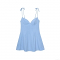 Women's Elegant Light Blue V-Neck Mini Slip Dress Sexy Bow Tie Shoulder Straps Ruched A-Line Party Clubwear Summer Sleeveless Backless Dress For Ladies