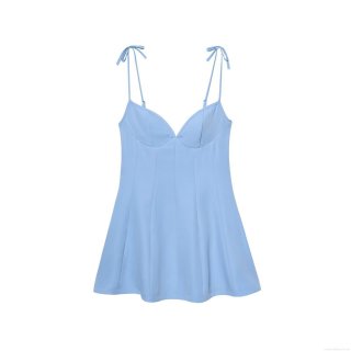 Women's Elegant Light Blue V-Neck Mini Slip Dress Sexy Bow Tie Shoulder Straps Ruched A-Line Party Clubwear Summer Sleeveless Backless Dress For Ladies