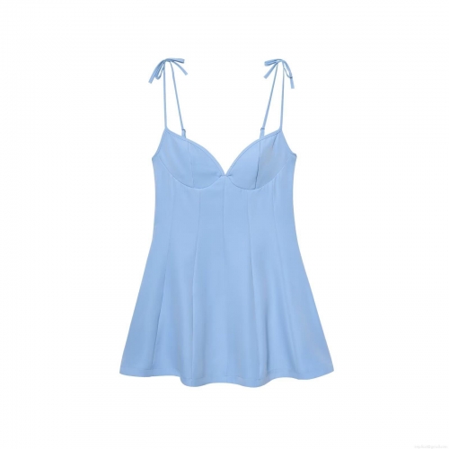Women's Elegant Light Blue V-Neck Mini Slip Dress Sexy Bow Tie Shoulder Straps Ruched A-Line Party Clubwear Summer Sleeveless Backless Dress For Ladies