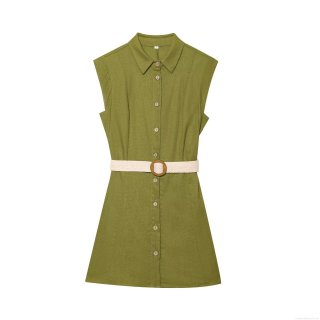 Women's Sleeveless Olive Green Shirt Mini Dress With Woven Belt Linen Texture Polyester Elegant Button Down Summer Casual Vestidos For Women