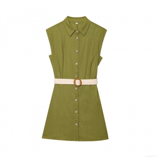 Women's Sleeveless Olive Green Shirt Mini Dress With Woven Belt Linen Texture Polyester Elegant Button Down Summer Casual Vestidos For Women
