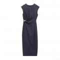 Elegant Women's Navy Blue Denim Sleeveless Midi Dress with Gold Metal Buckle Accents Slim Fit Round Neck Bodycon Dress for Party Dating Evening