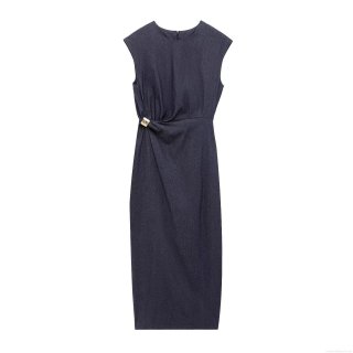 Elegant Women's Navy Blue Denim Sleeveless Midi Dress with Gold Metal Buckle Accents Slim Fit Round Neck Bodycon Dress for Party Dating Evening