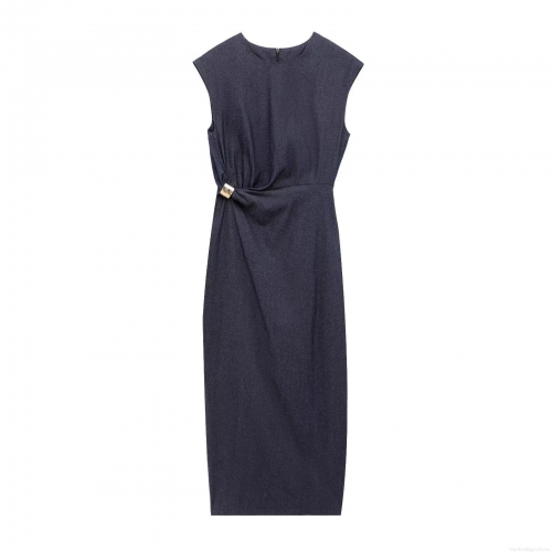 Elegant Women's Navy Blue Denim Sleeveless Midi Dress with Gold Metal Buckle Accents Slim Fit Round Neck Bodycon Dress for Party Dating Evening