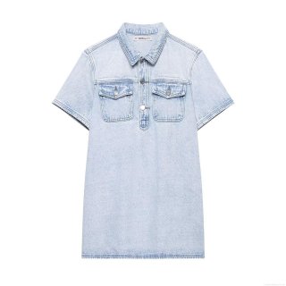 Women's Light Blue Short Sleeve Denim Look Dress Elegant Button Down Shirt Dress With Pockets Casual Summer Mini Dress Soft Polyester Woven Dress For Women