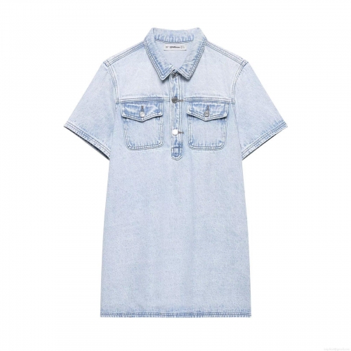 Women's Light Blue Short Sleeve Denim Look Dress Elegant Button Down Shirt Dress With Pockets Casual Summer Mini Dress Soft Polyester Woven Dress For Women