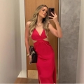 Women Red Satin V-Neck Cutout Backless Maxi Dress Sexy Spaghetti Strap Side Slit Elegant Evening Party Prom Gown