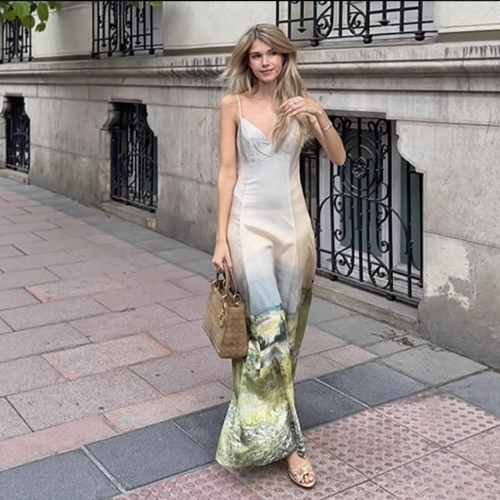 Women's Retro Artistic Landscape Print Cami Maxi Dress Elegant V-Neck Slim Fit Oil Painting Sling Dress For Summer Party Vacation Elegant Socialite Style