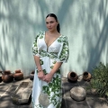Women's Elegant V Neck Floral Print Maxi Dress Puff Sleeve Vacation Style A-Line Long Dress For Summer Casual Party White and Green