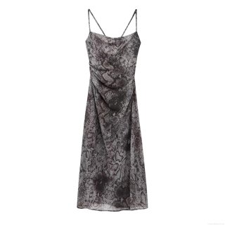 Sexy Cowl Neck Spaghetti Strap Maxi Dress For Women Elegant Sleeveless Side Slit Ruching Snake Skin Animal Print Bodycon Club Party Evening Summer Long Dress