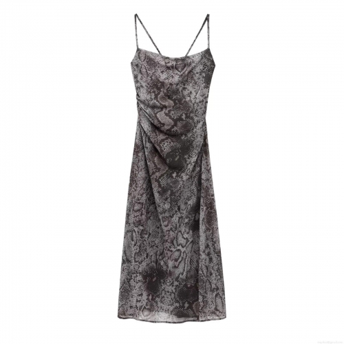 Sexy Cowl Neck Spaghetti Strap Maxi Dress For Women Elegant Sleeveless Side Slit Ruching Snake Skin Animal Print Bodycon Club Party Evening Summer Long Dress