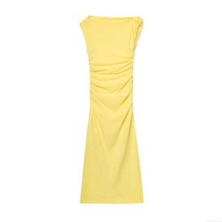 Elegant One Shoulder Pleated Sleeveless Maxi Dress Polyester Blend Asymmetric Side Split Bodycon Sexy Party Evening Dress For Women