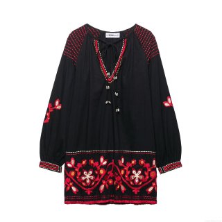 Ethnic Embroidery Mini Dress 100% Polyester V Neck Tie Long Sleeve Bohemian Retro Floral Embroidered Short Dress With Shell Decoration For Women