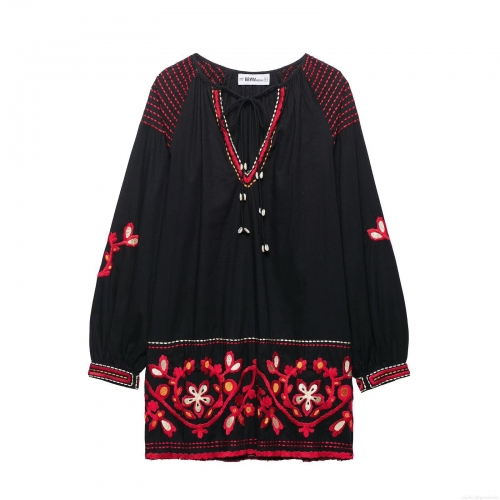 Ethnic Embroidery Mini Dress 100% Polyester V Neck Tie Long Sleeve Bohemian Retro Floral Embroidered Short Dress With Shell Decoration For Women