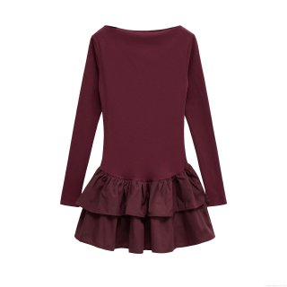 Women's Elegant Wine Red Knitted Mini Dress Ruffled Layered Hem Long Sleeve Round Neck Slim Fit Bodycon Short Dress For Party Date Women