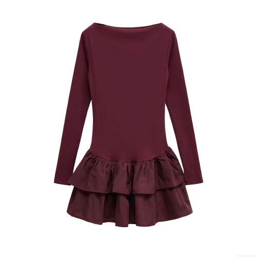 Women's Elegant Wine Red Knitted Mini Dress Ruffled Layered Hem Long Sleeve Round Neck Slim Fit Bodycon Short Dress For Party Date Women