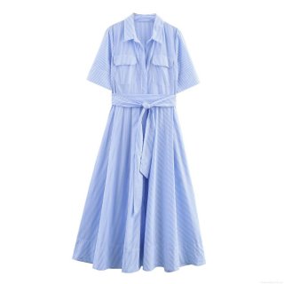 Women's Elegant Blue White Striped Polyester Poplin Shirt Dress Short Sleeve Button Down Midi Dress With Belt Pocket For Daily Casual Office Vacation