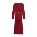 Elegant Wine Red Deep V-Neck Maxi Dress For Women Sexy Ruched Long Sleeve Pleated Evening Party Long Dress With Gold Metal Waist Ornament