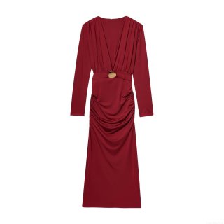 Elegant Wine Red Deep V-Neck Maxi Dress For Women Sexy Ruched Long Sleeve Pleated Evening Party Long Dress With Gold Metal Waist Ornament