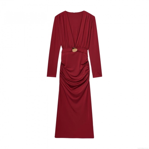 Elegant Wine Red Deep V-Neck Maxi Dress For Women Sexy Ruched Long Sleeve Pleated Evening Party Long Dress With Gold Metal Waist Ornament