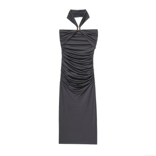 Women's Elegant Ruched Halter Neck Midi Dress With Gold Metal Ring Polyester Sleeveless Slim Fit Party Evening Long Dress For Ladies