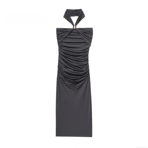 Women's Elegant Ruched Halter Neck Midi Dress With Gold Metal Ring Polyester Sleeveless Slim Fit Party Evening Long Dress For Ladies