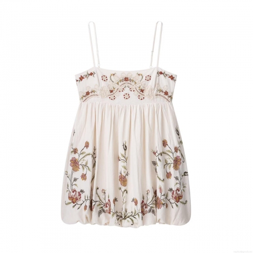 Women's Bohemian Mini Dress Floral Embroidered Polyester Blend Cami Sling Sleeveless Bubble Hem Summer Vacation Party Elegant Fashion