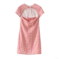Women's Elegant Pink White Gingham Mini Dress Round Neck Bow Cutout Back Short Sleeve Polyester Plaid A-Line Dress for Summer Daily Dating Lady