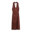 Women's Elegant Linen Blend Halter Backless Midi Dress With Gold Metal Ring Detail Sleeveless Solid Brown Party Evening Dress