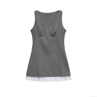 Elegant Sleeveless Mini Dress Women Contrast White Pleated Hem Spliced Round Neck Bodycon Summer Party Short Vest Dress Ladies Polyester