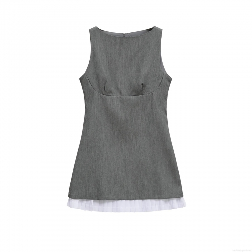 Elegant Sleeveless Mini Dress Women Contrast White Pleated Hem Spliced Round Neck Bodycon Summer Party Short Vest Dress Ladies Polyester