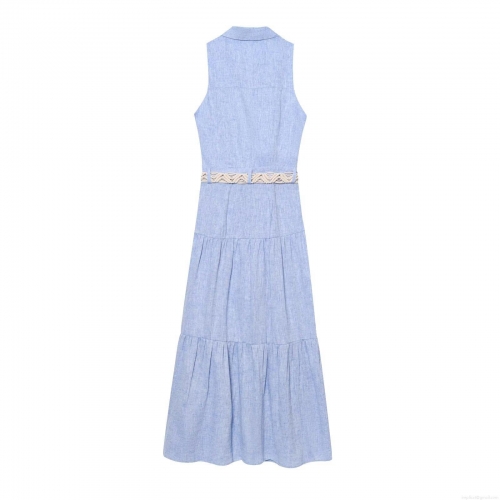 Women's Sleeveless Maxi Dress Polyester Linen Blend Shirt Dress With Woven Belt Elegant Solid Color Layered Hem Long Summer Dress For Women
