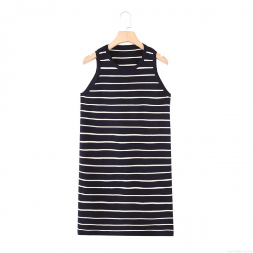 Stripe Knit Sleeveless Crew Neck Mini Dress Cotton Spandex Blend Casual Slim Fit Bodycon Dress For Women Daily Vacation Fashion Sleeveless Short Dress
