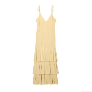 Women's Elegant V-Neck Sleeveless Tiered Midi Dress Lightweight Polyester Chiffon Bow Spaghetti Strap 3 Layer Cake Pleated Maxi Dress for Vacation Party Socialite