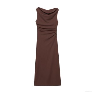 Elegant Women's Solid Color Cowl Neck Sleeveless Maxi Dress Sexy Side Ruching Bodycon Party Evening Club Dress