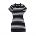 Women's Striped Knit Mini Dress Slim Fit Short Sleeve Round Neck Polyester Bodycon Dress for Summer Casual Fashion Elegant Ladies Outfit