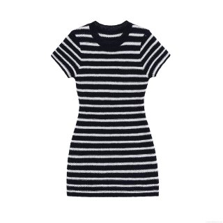 Women's Striped Knit Mini Dress Slim Fit Short Sleeve Round Neck Polyester Bodycon Dress for Summer Casual Fashion Elegant Ladies Outfit
