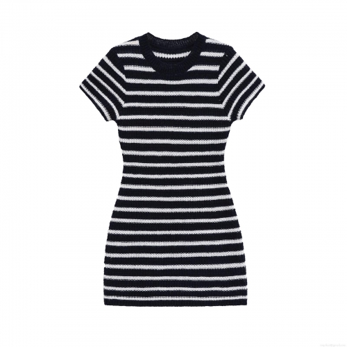 Women's Striped Knit Mini Dress Slim Fit Short Sleeve Round Neck Polyester Bodycon Dress for Summer Casual Fashion Elegant Ladies Outfit