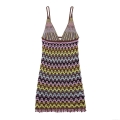 Bohemian Multicolor Crochet Wave Pattern Knit Camisole Mini Dress For Women Elegant V-Neck Sleeveless Hollow Out Tassel Beach Vacation Sexy Bodycon Dress