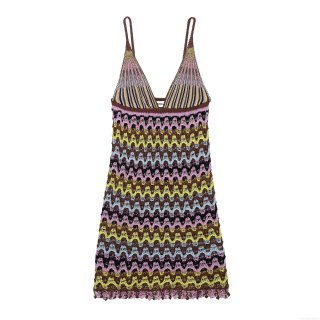 Bohemian Multicolor Crochet Wave Pattern Knit Camisole Mini Dress For Women Elegant V-Neck Sleeveless Hollow Out Tassel Beach Vacation Sexy Bodycon Dress