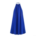 Women's Elegant Halter Neck Backless Midi Dress Sleeveless Pleated A-Line Polyester Royal Blue Party Wedding Guest Summer Dress For Ladies