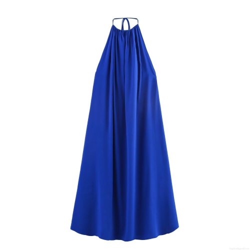 Women's Elegant Halter Neck Backless Midi Dress Sleeveless Pleated A-Line Polyester Royal Blue Party Wedding Guest Summer Dress For Ladies
