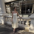 Women Elegant Cream White Cami Dress Pleated Satin Look Long Midi Dress Sleeveless Backless Solid Color Summer Vacation Party Evening Dress For Women