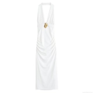 Women Elegant White Halter Maxi Dress Sexy Deep V-Neck Ruched Long Party Dress with Gold Metal Buckle Sleeveless Backless Evening Gown for Cocktail Banquet
