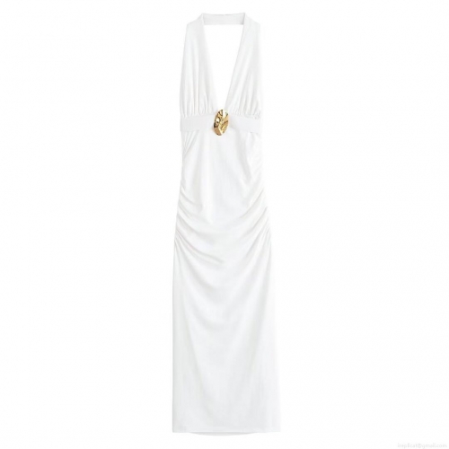 Women Elegant White Halter Maxi Dress Sexy Deep V-Neck Ruched Long Party Dress with Gold Metal Buckle Sleeveless Backless Evening Gown for Cocktail Banquet