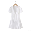 Women's White Cotton Poplin V-Neck Mini Dress With Lace Trim Short Puff Sleeve Elegant Solid Color Pleated Summer Fashion Dress