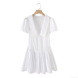 Women's White Cotton Poplin V-Neck Mini Dress With Lace Trim Short Puff Sleeve Elegant Solid Color Pleated Summer Fashion Dress