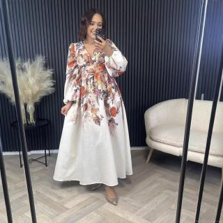 Women Elegant V-Neck Floral Print Maxi Dress Long Lantern Sleeve High Waist Bohemian Vacation A-Line Dresses For Ladies Summer Holiday