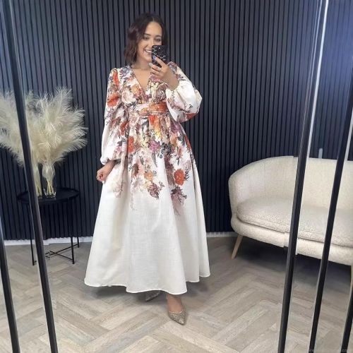 Women Elegant V-Neck Floral Print Maxi Dress Long Lantern Sleeve High Waist Bohemian Vacation A-Line Dresses For Ladies Summer Holiday